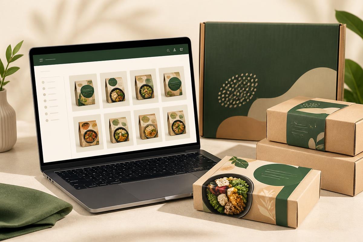 Food e-commerce brand concept with laptop storefront and shipping boxes