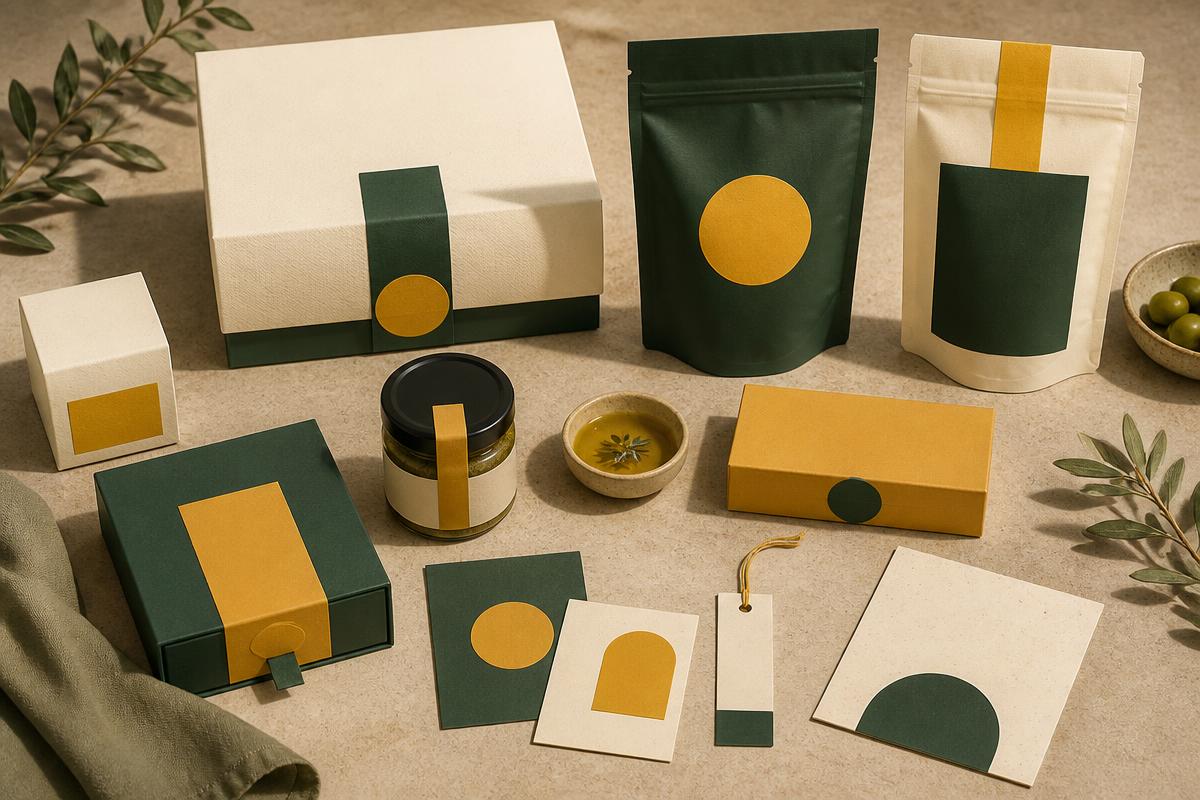 Premium food brand packaging concept in cream, green and gold
