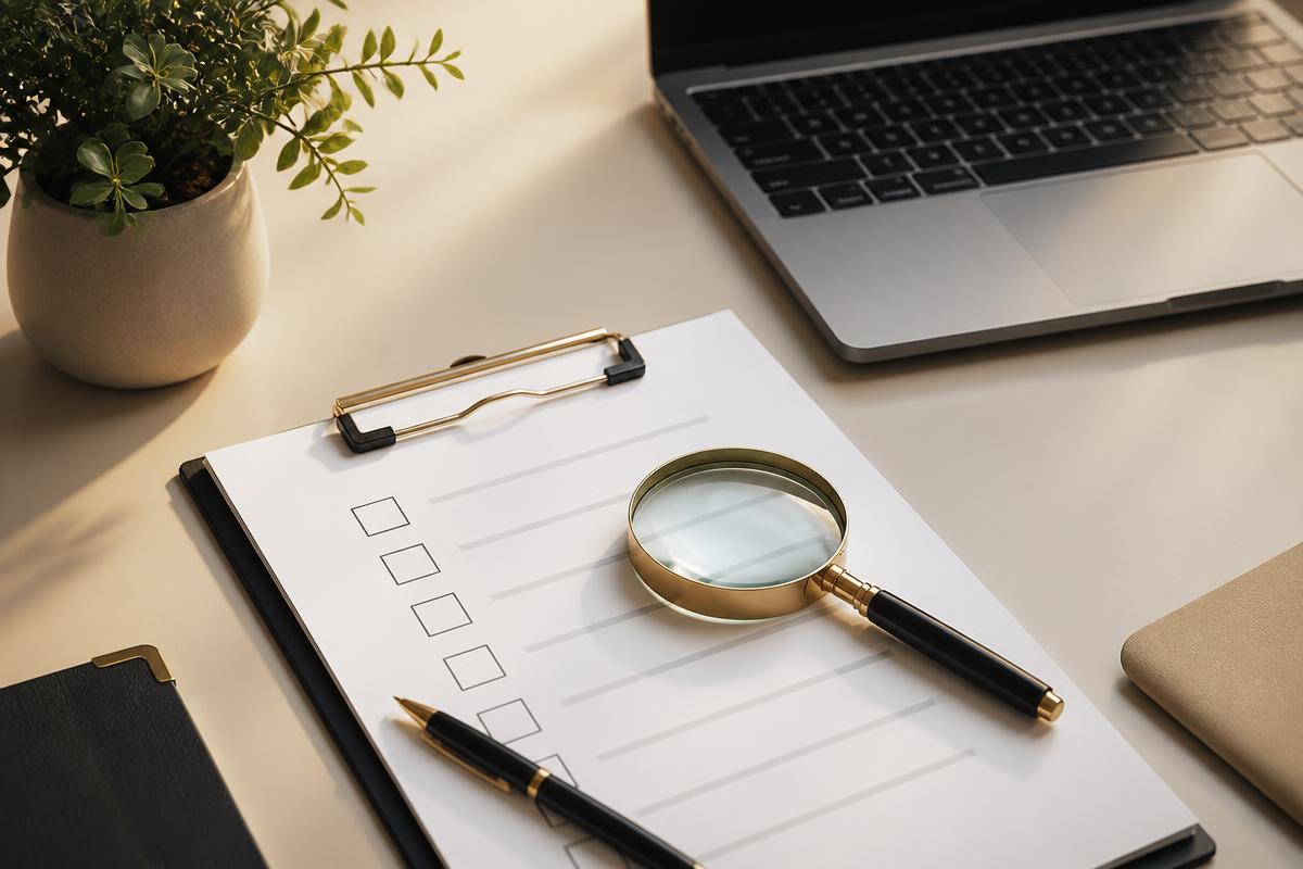 Domain purchase due diligence checklist with magnifying glass and laptop