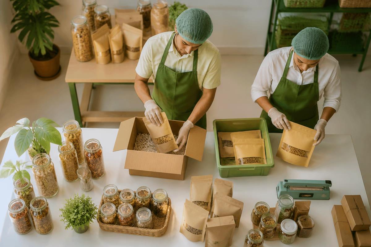 Small food business team packing snack pouches and jars for shipping