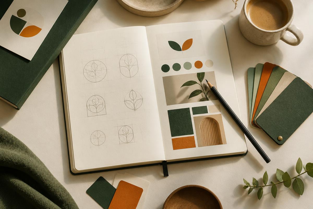 Food brand naming notebook with logo sketches and colour swatches